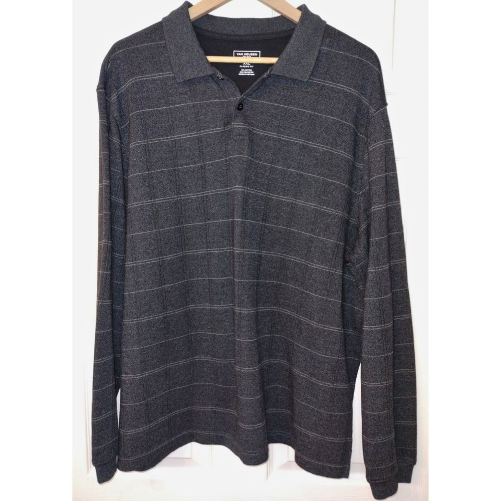 Van Heusen Men's Flex Long Sleeve Jaspe Window Pane Gray White Striped (Sz XXL)